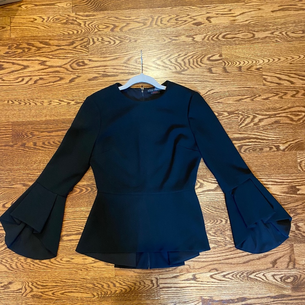 Alice+Olivia Employed black crepe peplum blouse with bell sleeves
